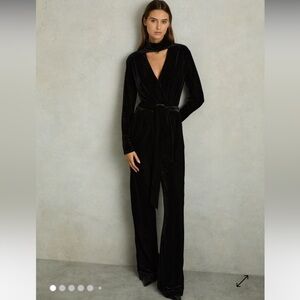 Reiss Elegant Velvet Belted Wide Leg Jumpsuit in Black—Vera